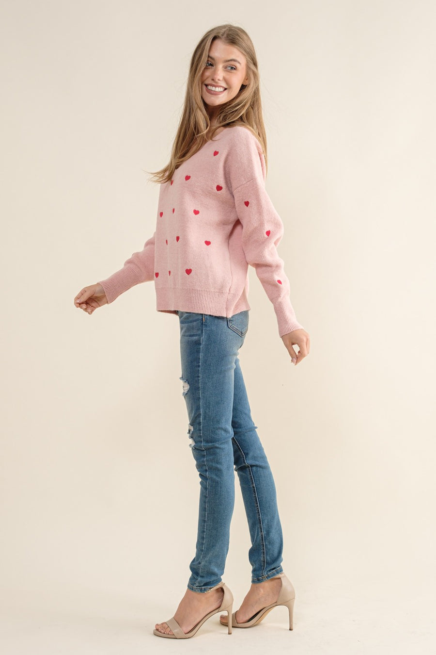 Bianca | Heart Pullover Boxy Knit Sweater | Pink