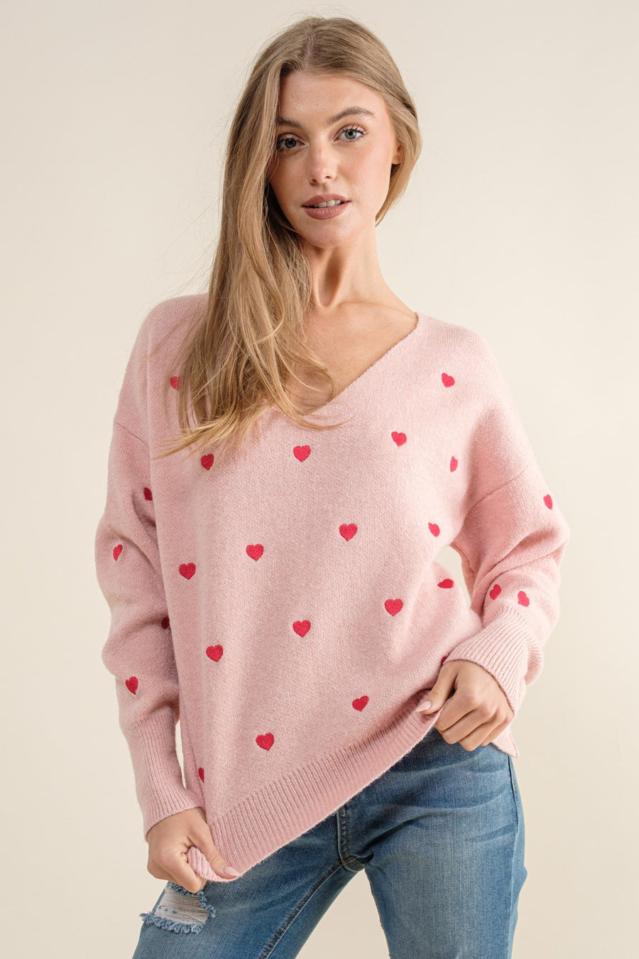 Bianca | Heart Pullover Boxy Knit Sweater | Pink