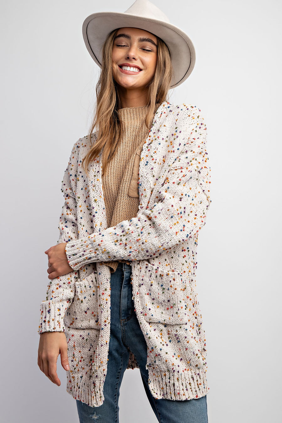 Vivian | Cardigan With Rainbow Popcorn Speckles | Oatmeal