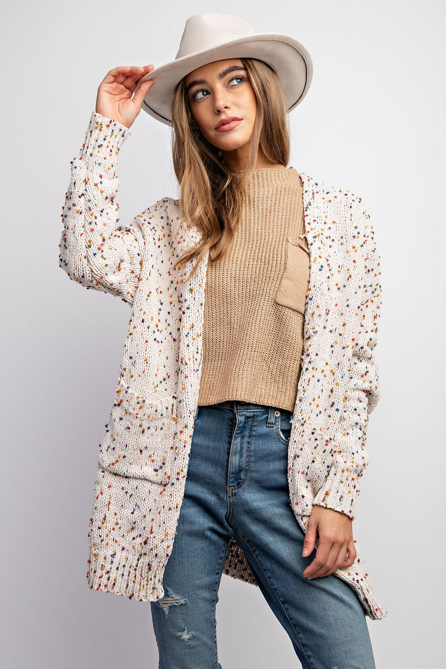 Vivian | Cardigan With Rainbow Popcorn Speckles | Oatmeal