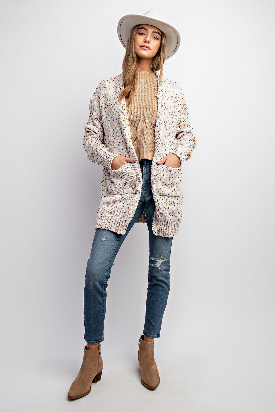 Vivian | Cardigan With Rainbow Popcorn Speckles | Oatmeal