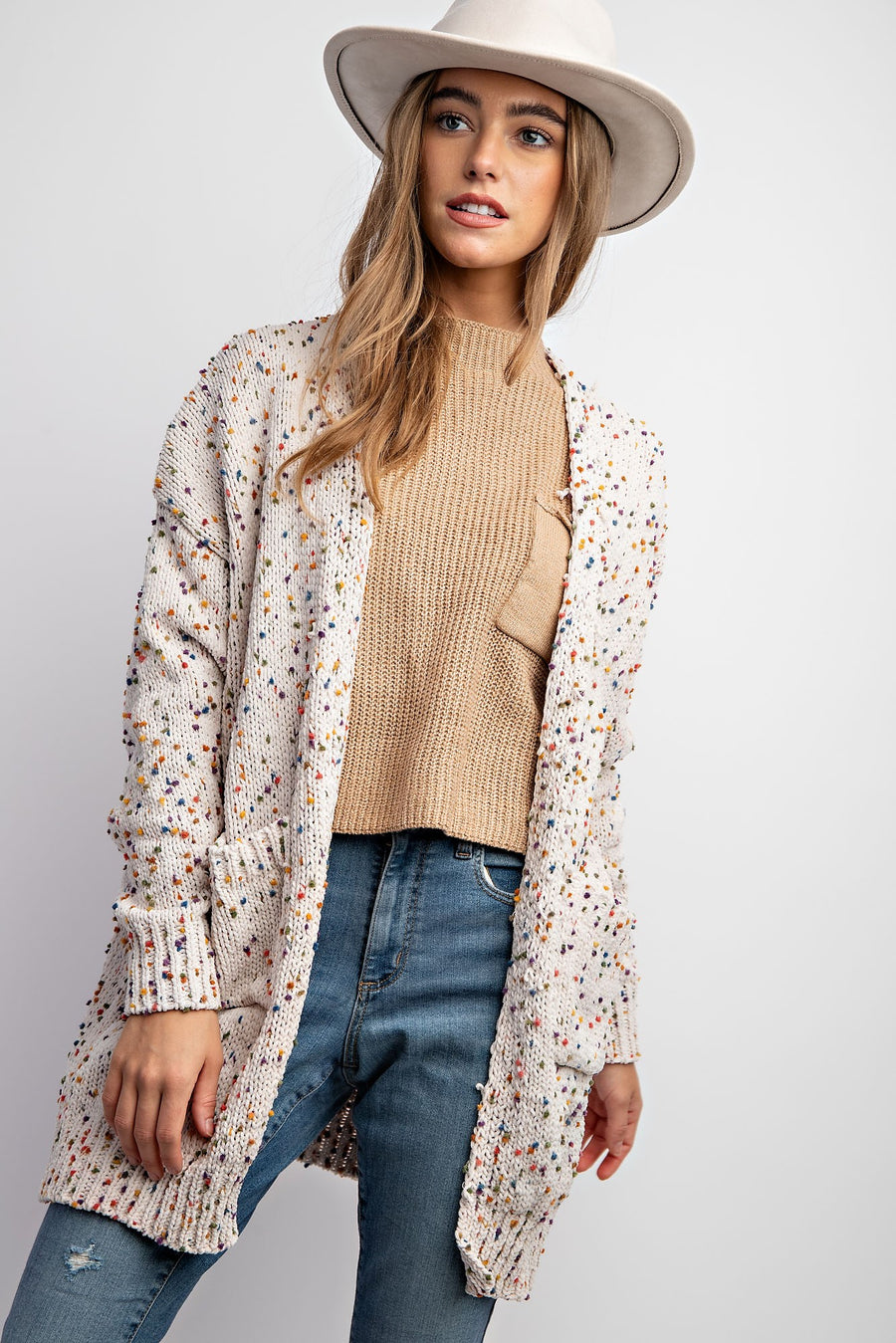 Vivian | Cardigan With Rainbow Popcorn Speckles | Oatmeal