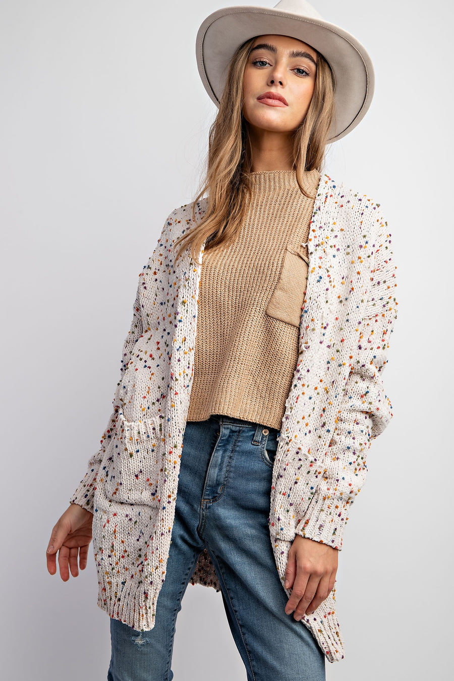 Vivian | Cardigan With Rainbow Popcorn Speckles | Oatmeal