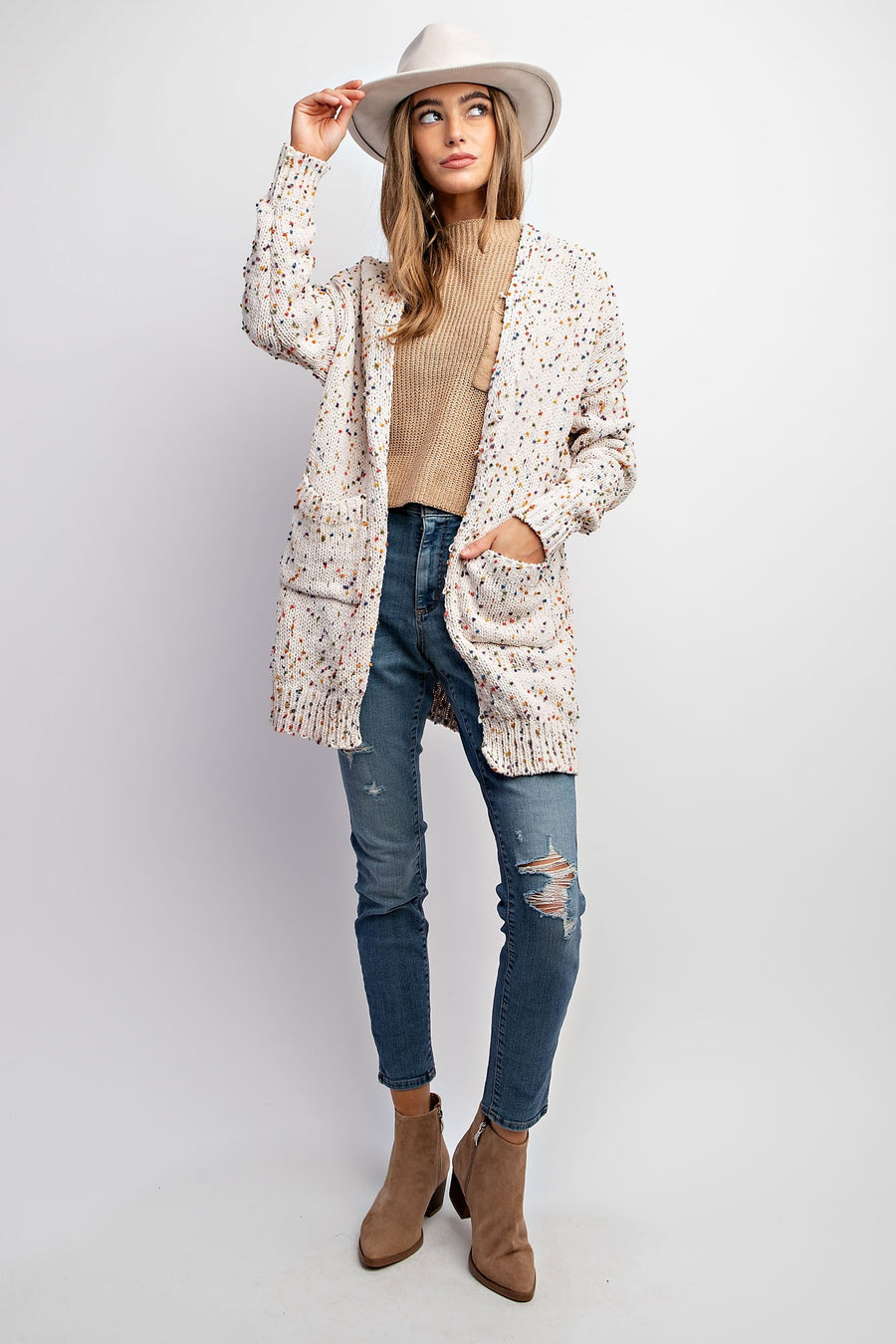 Vivian | Cardigan With Rainbow Popcorn Speckles | Oatmeal