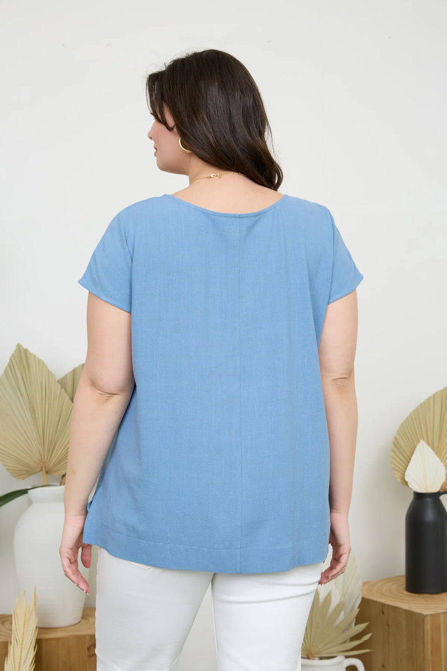 Keira Round Neck Linen Blouse | Dusty Blue