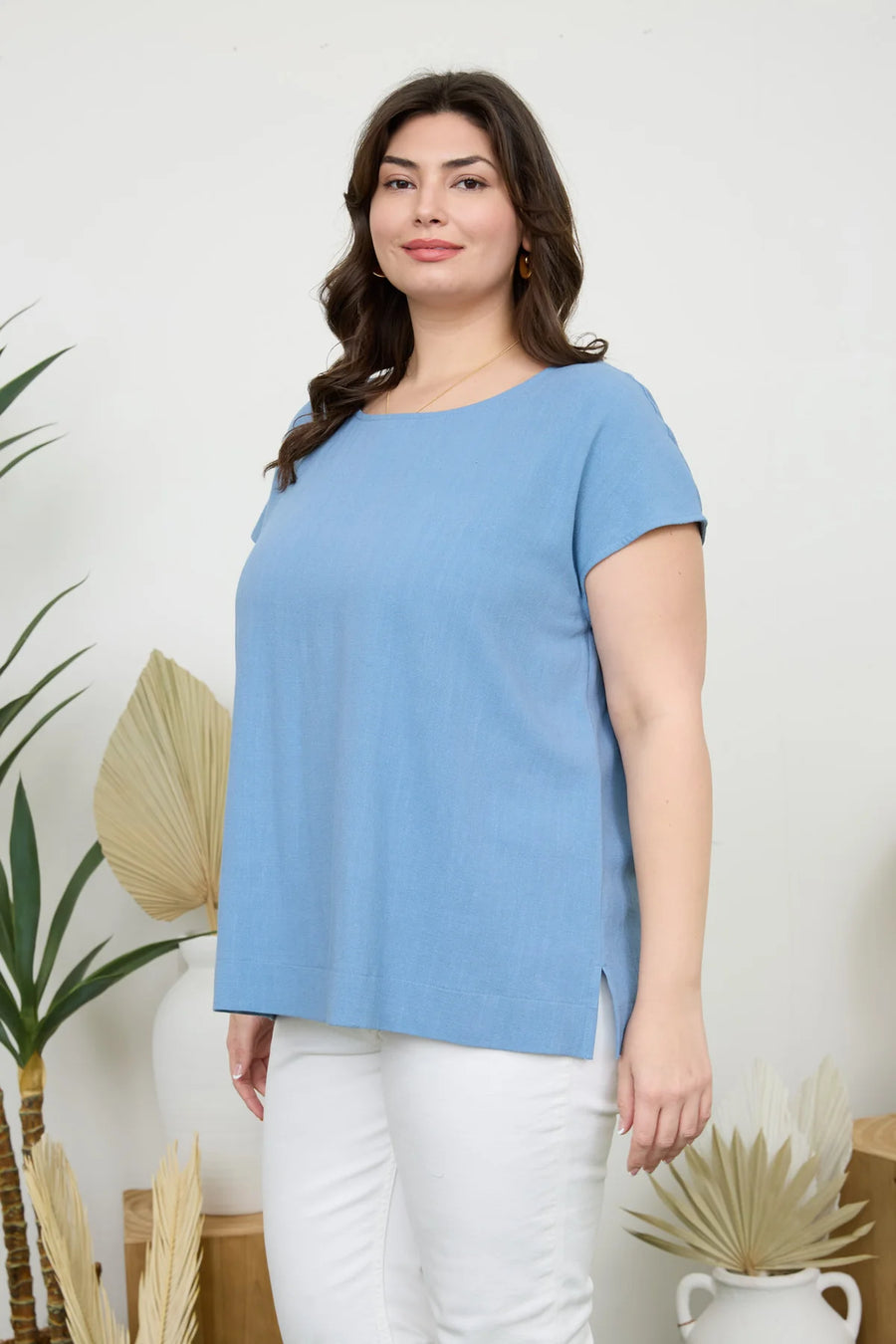 Keira Round Neck Linen Blouse | Dusty Blue