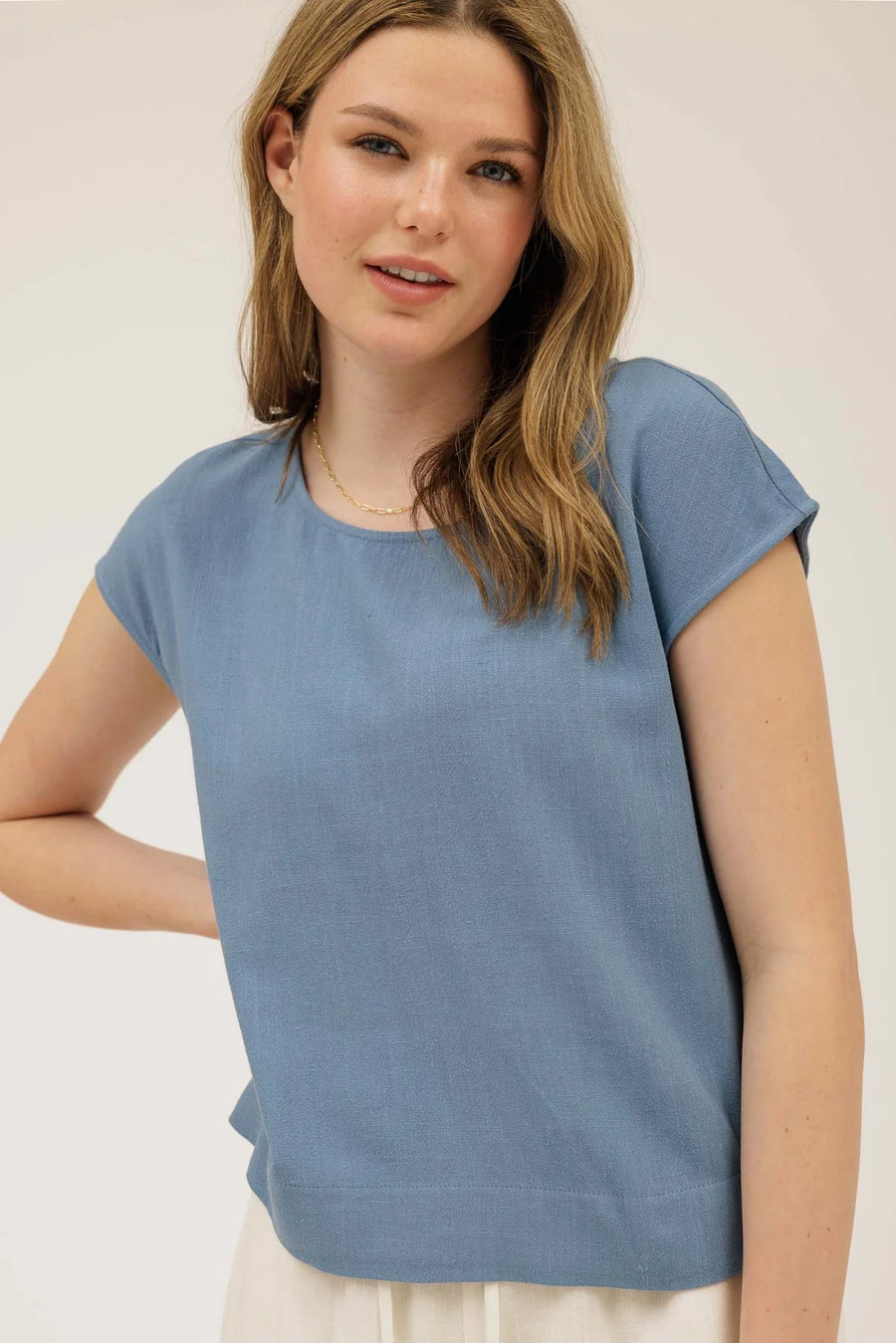 Keira Round Neck Linen Blouse | Dusty Blue
