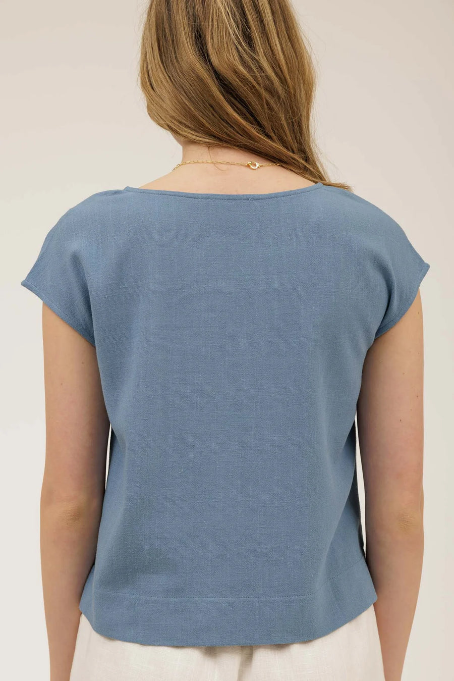 Keira Round Neck Linen Blouse | Dusty Blue