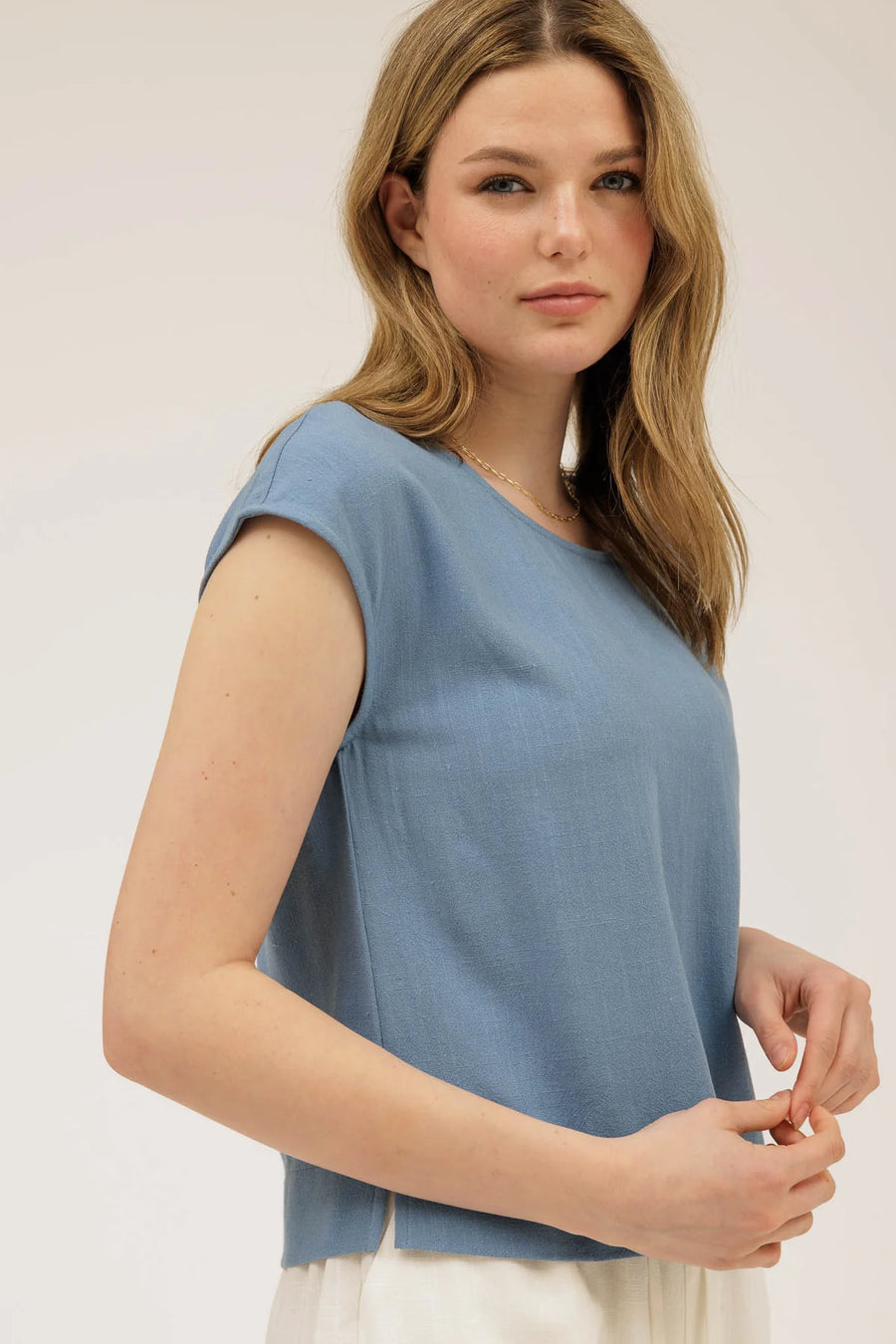Keira Round Neck Linen Blouse | Dusty Blue