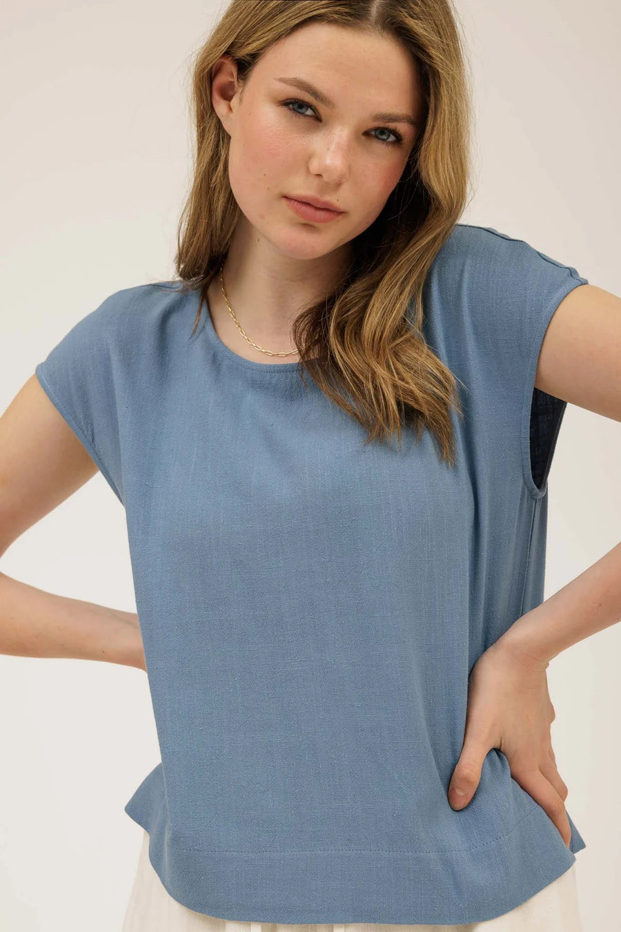 Keira Round Neck Linen Blouse | Dusty Blue