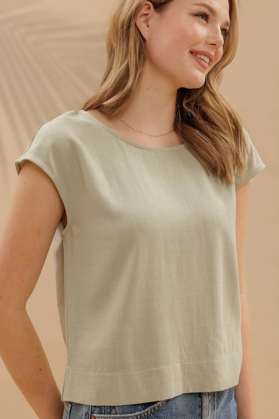 Keira Round Neck Linen Blouse | Light Olive