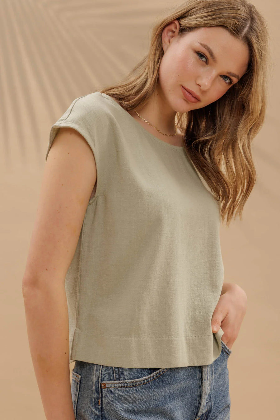Keira Round Neck Linen Blouse | Light Olive