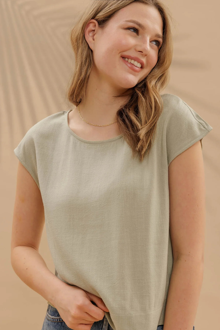 Keira Round Neck Linen Blouse | Light Olive
