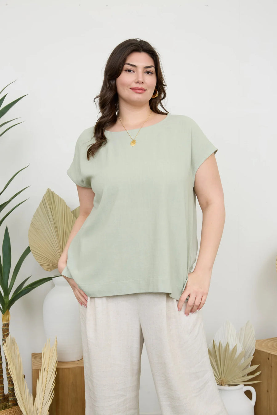 Keira Round Neck Linen Blouse | Light Olive