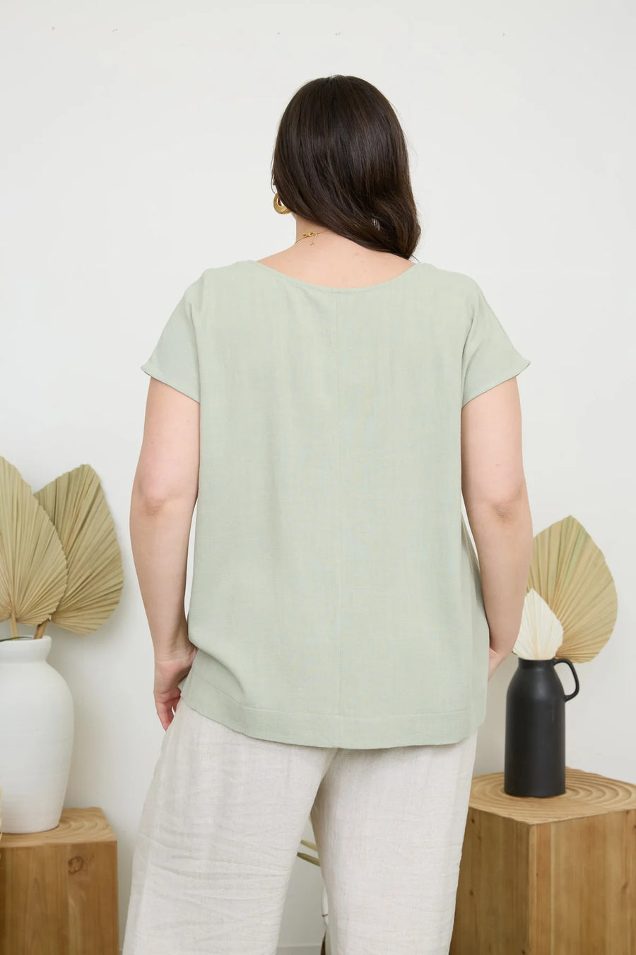 Keira Round Neck Linen Blouse | Light Olive