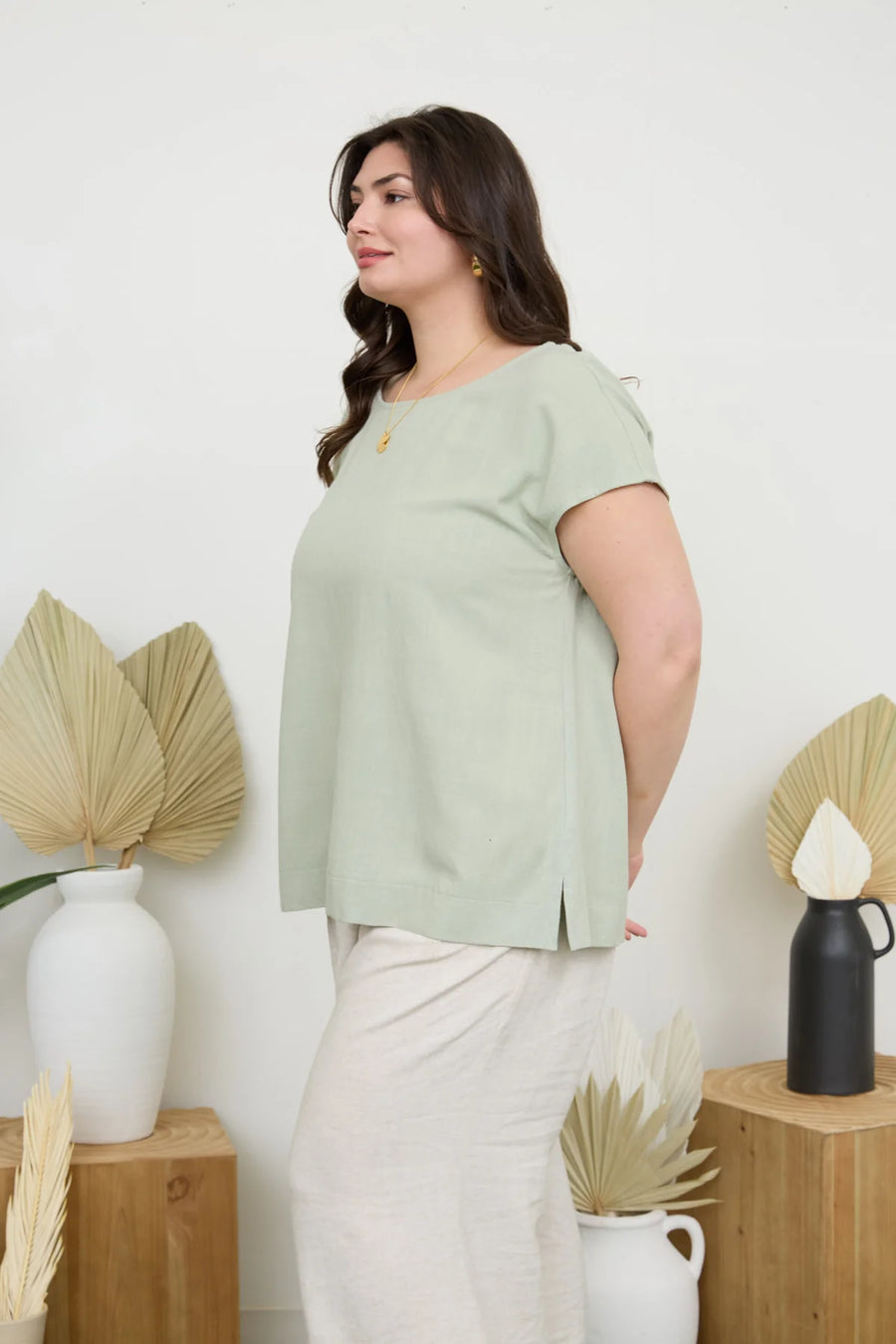 Keira Round Neck Linen Blouse | Light Olive