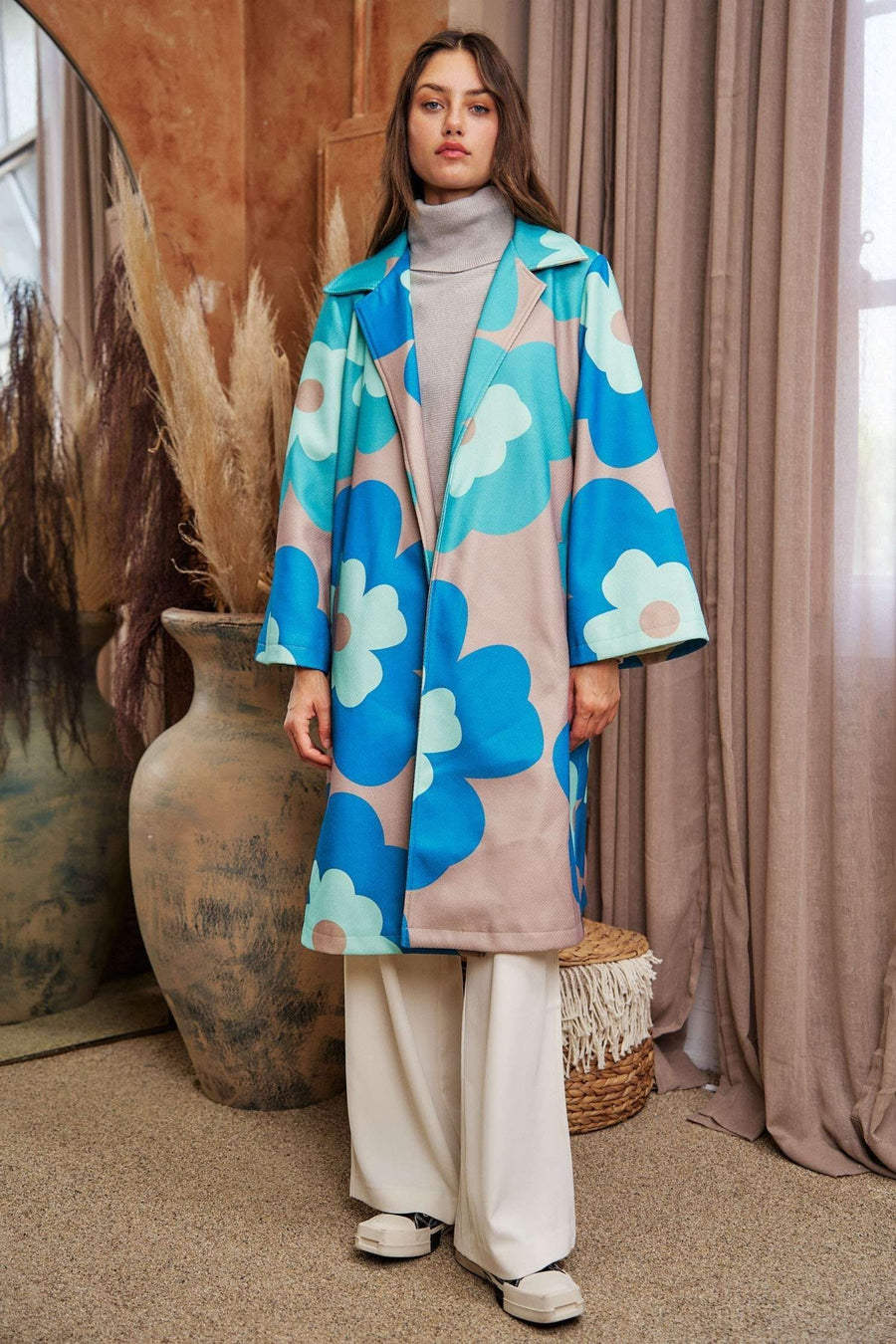 Vintage Drift | Bold Retro Floral Open Front Wide Sleeve Overcoat