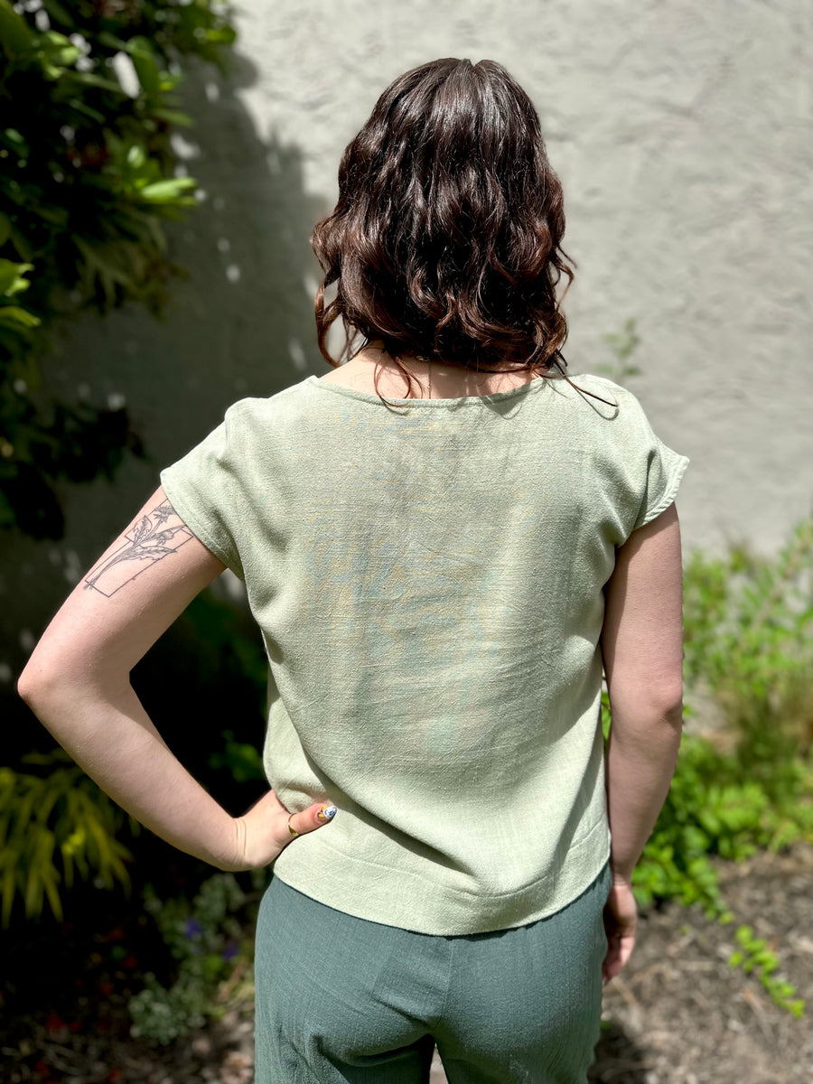 Keira Round Neck Linen Blouse | Light Olive