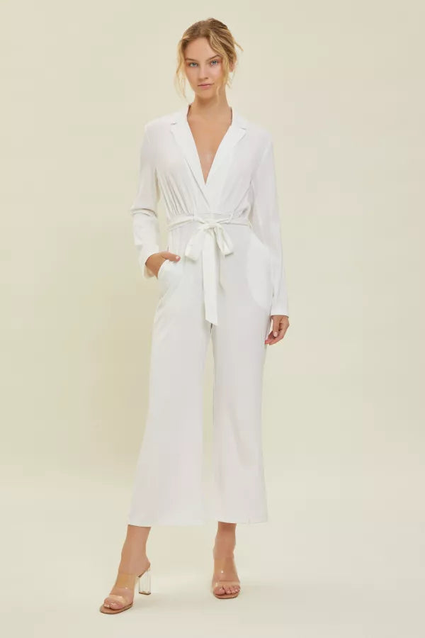 Love Me Tender | Deep V-Neck Romper With Waist Self Tie | White *FINAL SALE*