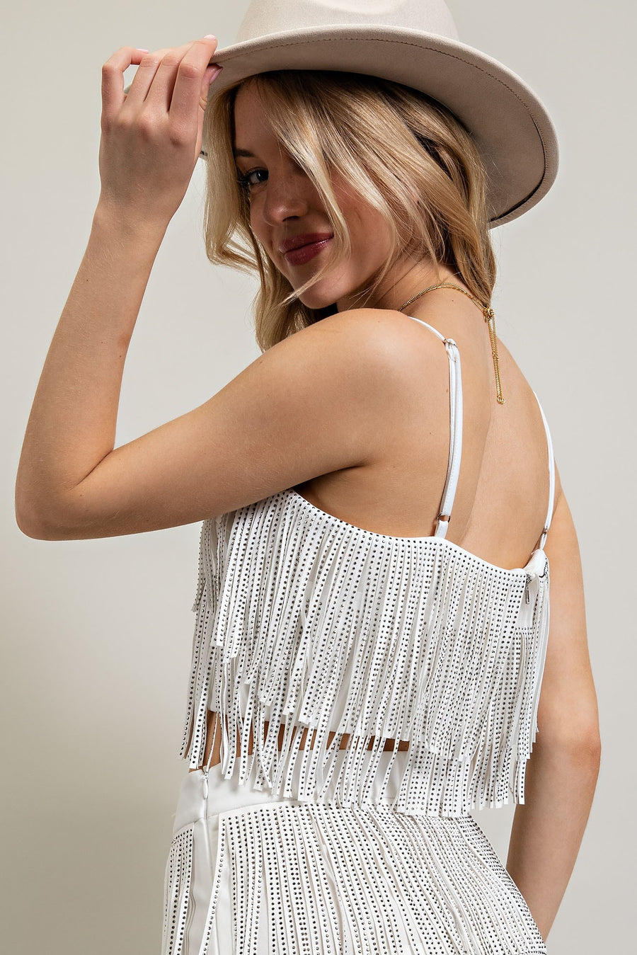 Taylor | Rhinestone Suede Fringe Tank Top | White