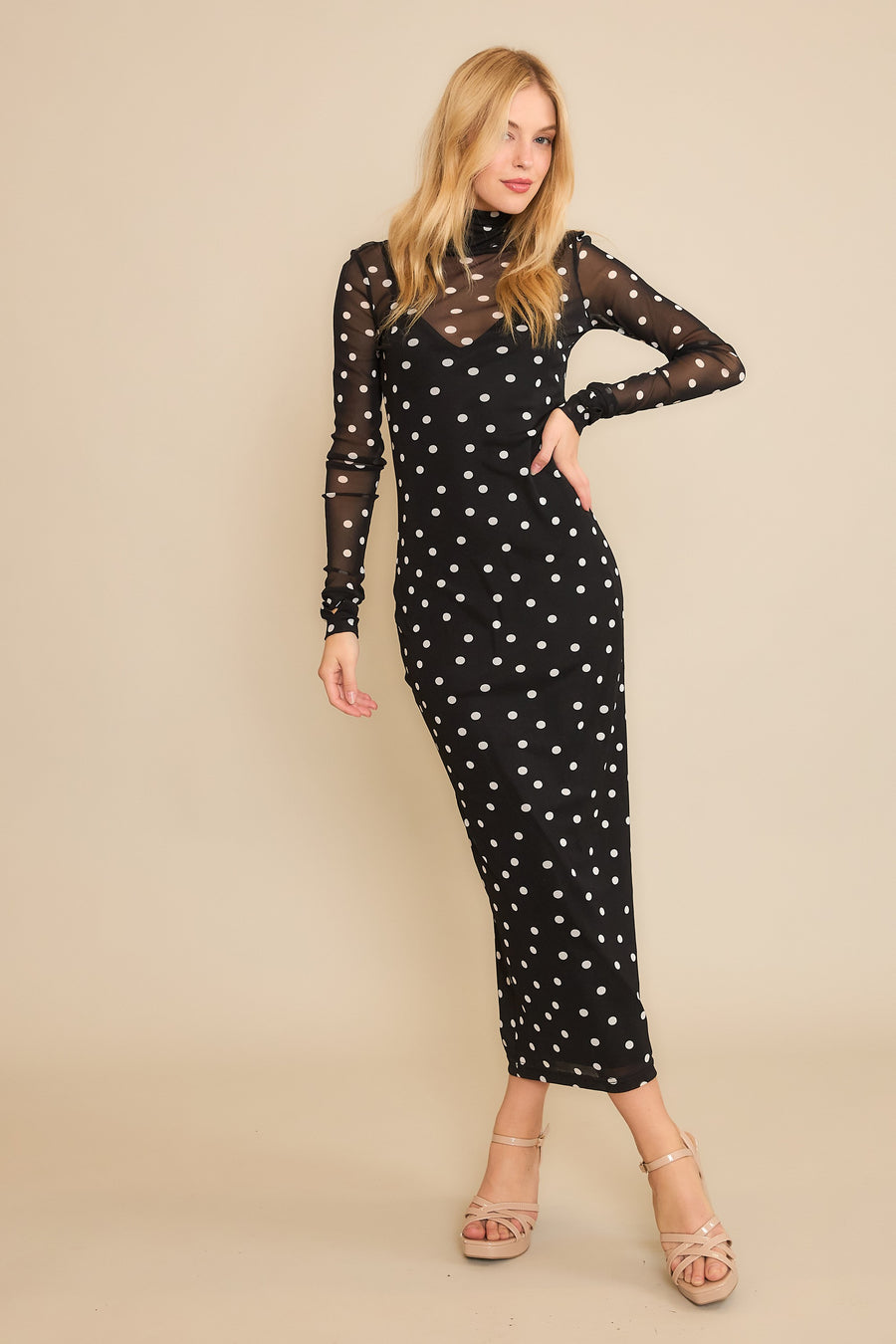 Tiffany | Polka Dot Mesh Maxi Dress | Black