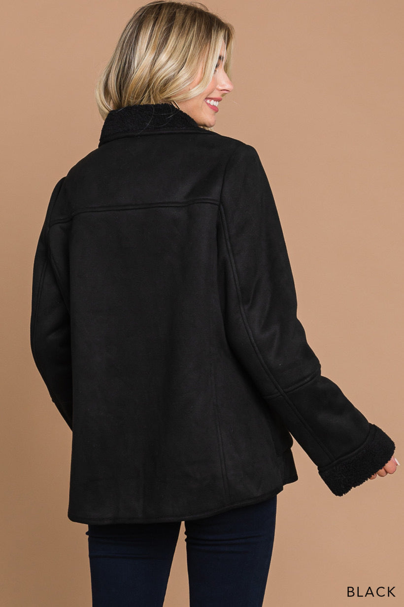 Whispering Pine | Faux Suede Jacket with Fur Lining | Black