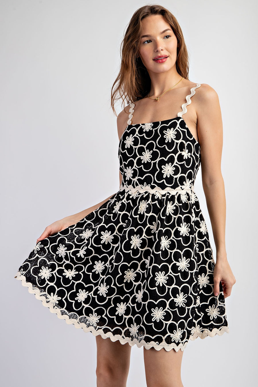 Luna | Contrast Floral Babydoll Mini Dress | Black