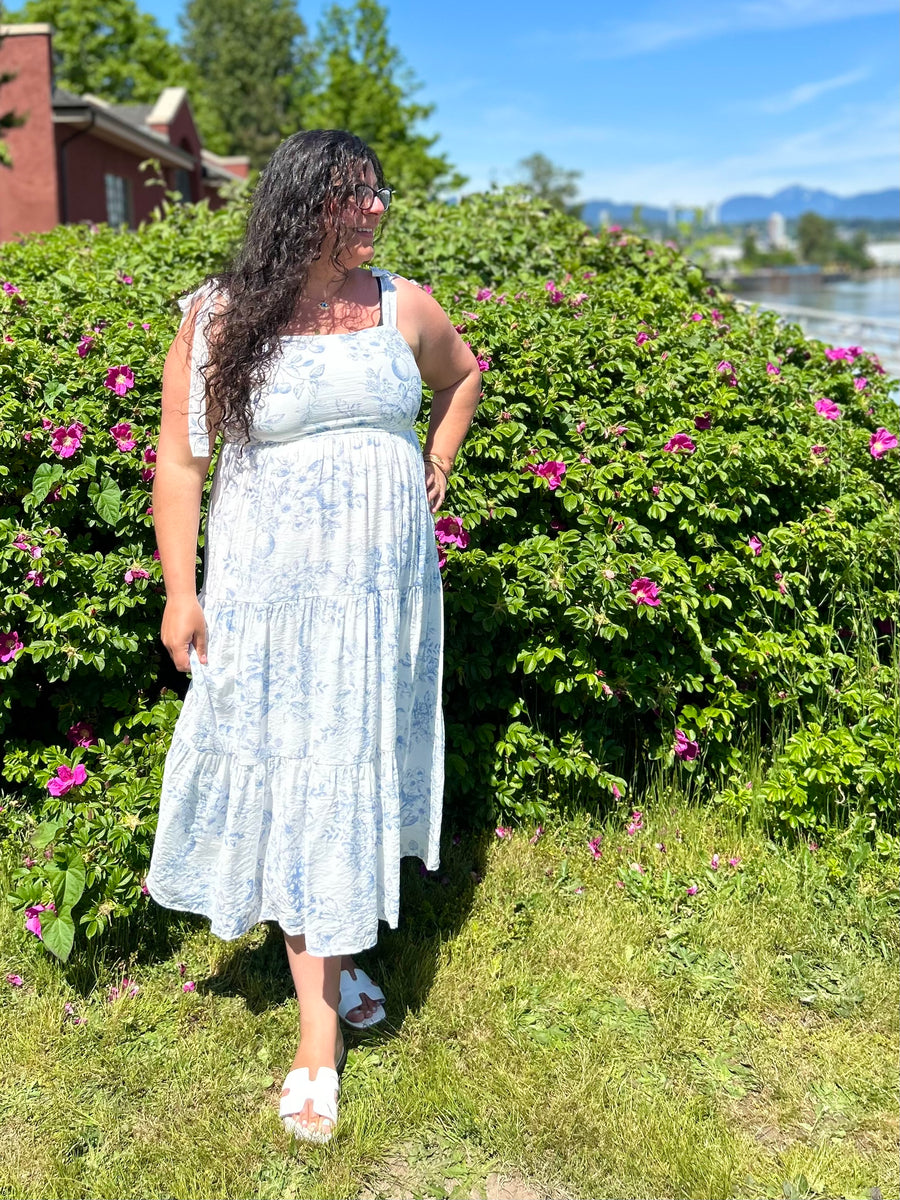 Daphne | Fruit Blossom Tiered Midi Dress | Blue
