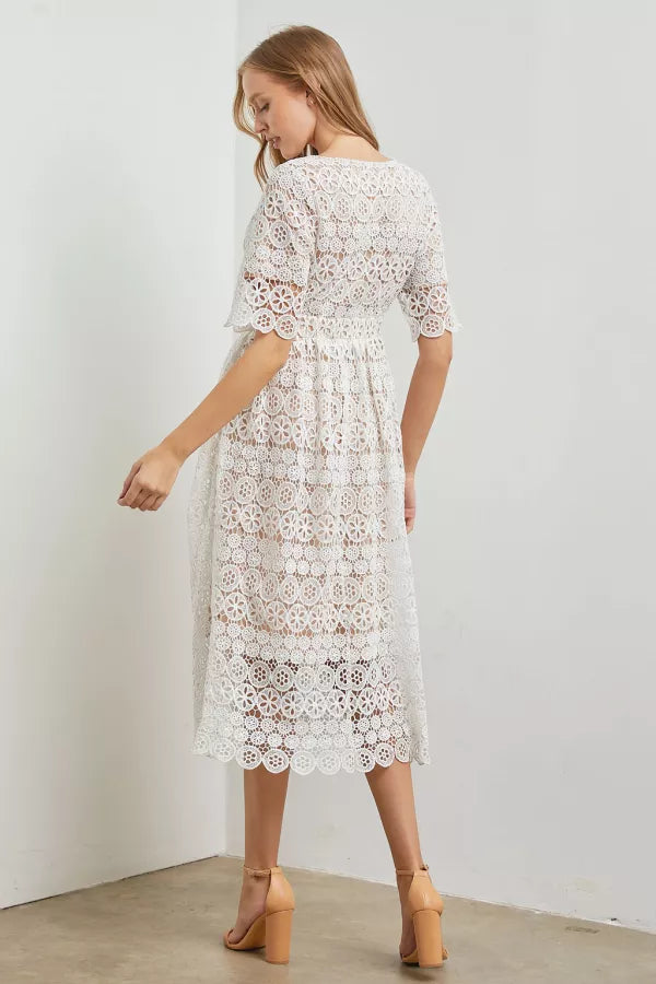 Kate | Lace Trimmed Midi Dress With Scallop Edges | Ivory *FINAL SALE*