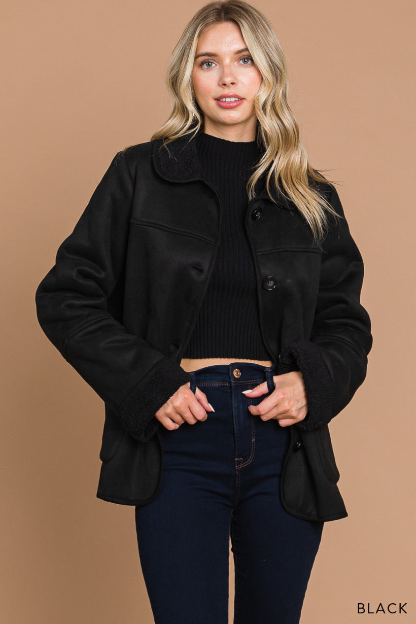 Whispering Pine | Faux Suede Jacket with Fur Lining | Black