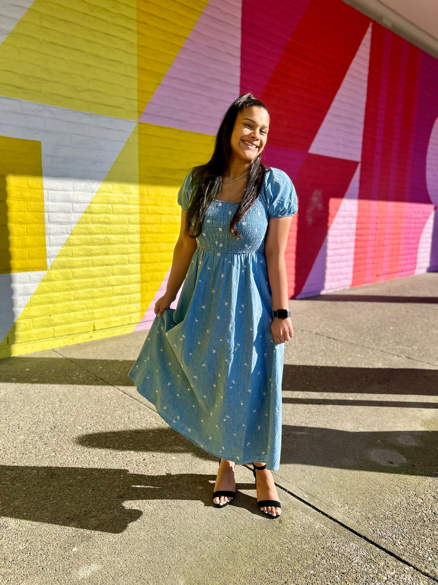Denim Daisy | Floral Embroidery Smocked Midi Dress | Chambray