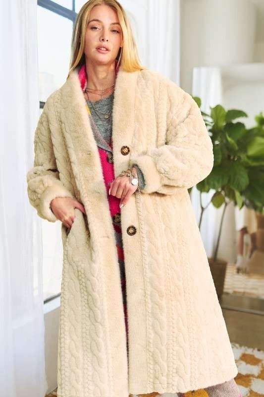 Curtain Call | Faux Fur Rib Pattern Long Coat | Cream