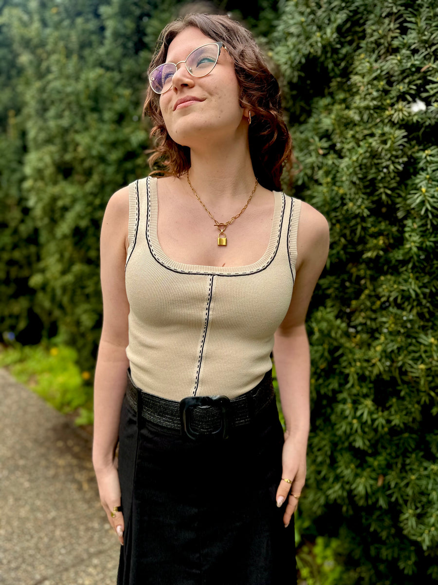 Lottie | Contrast Line Stitch Detail Knit Tank | Light Khaki