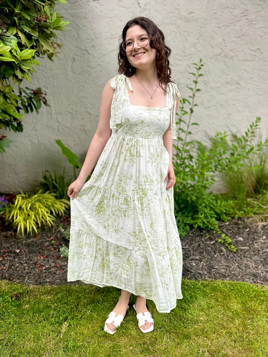 Daphne Fruit Blossom Tiered Midi Dress | Olive