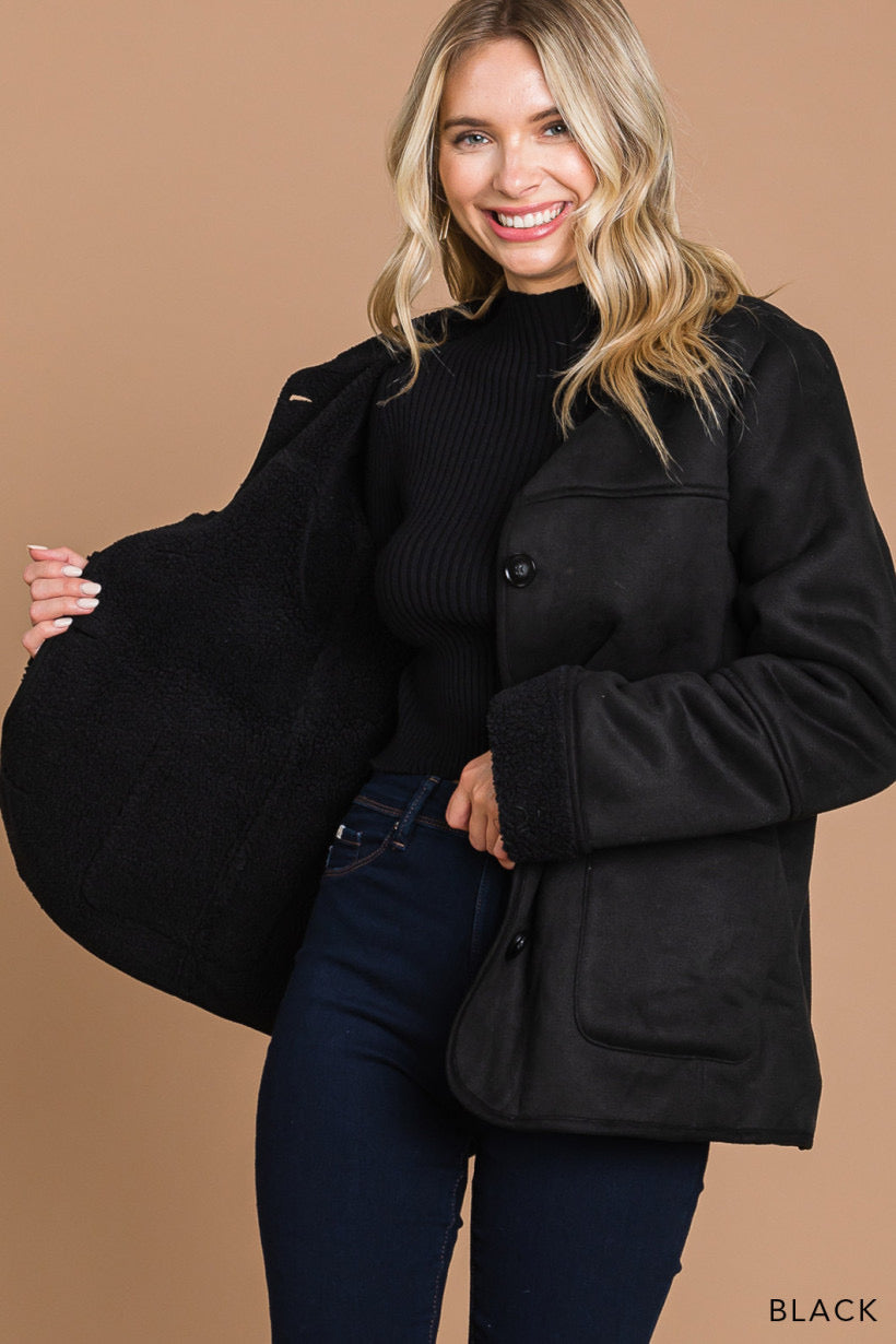 Whispering Pine | Faux Suede Jacket with Fur Lining | Black