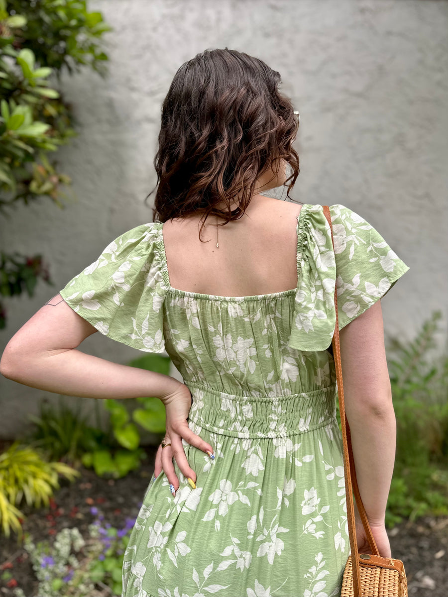 Fiore Bella Floral Short Sleeve Midi Dress | Light Green