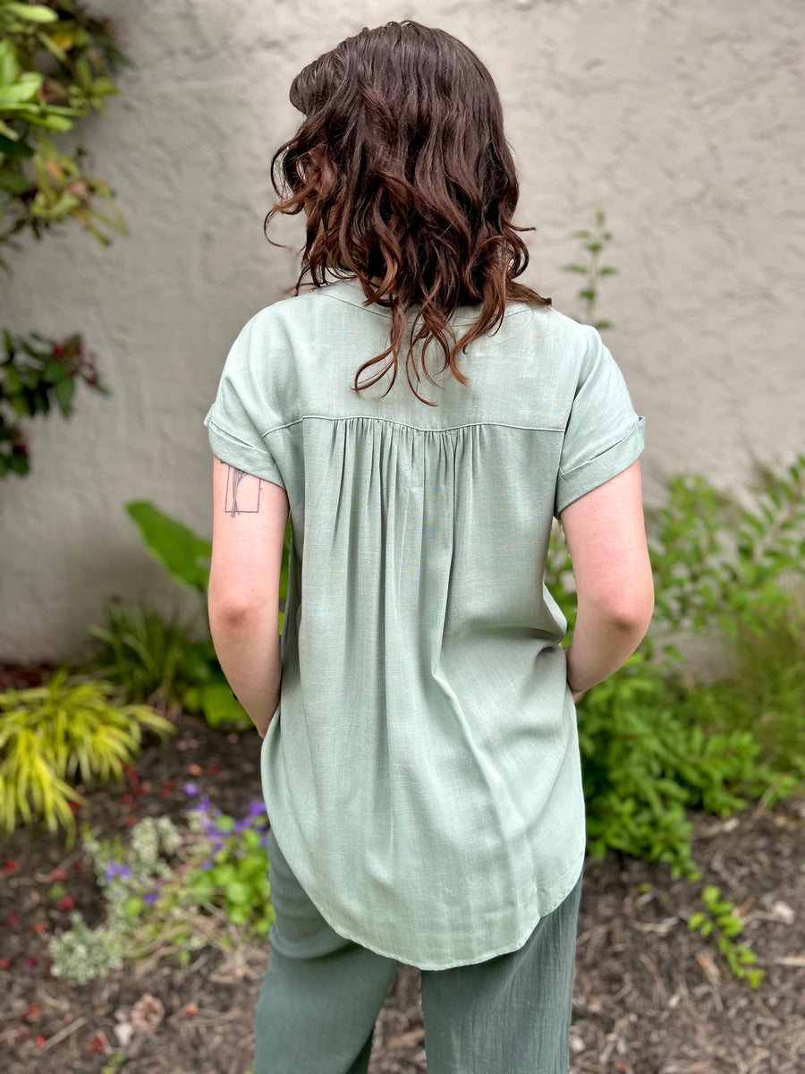 Amy Rolled Sleeve Woven Top | Sage