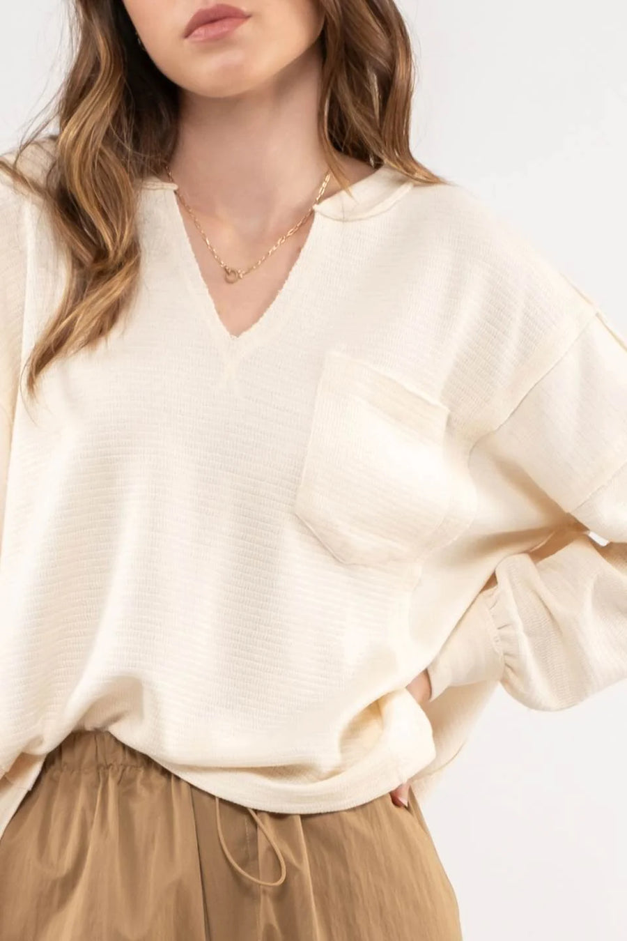 Jasper Solid Patchwork Knit Top | Cream