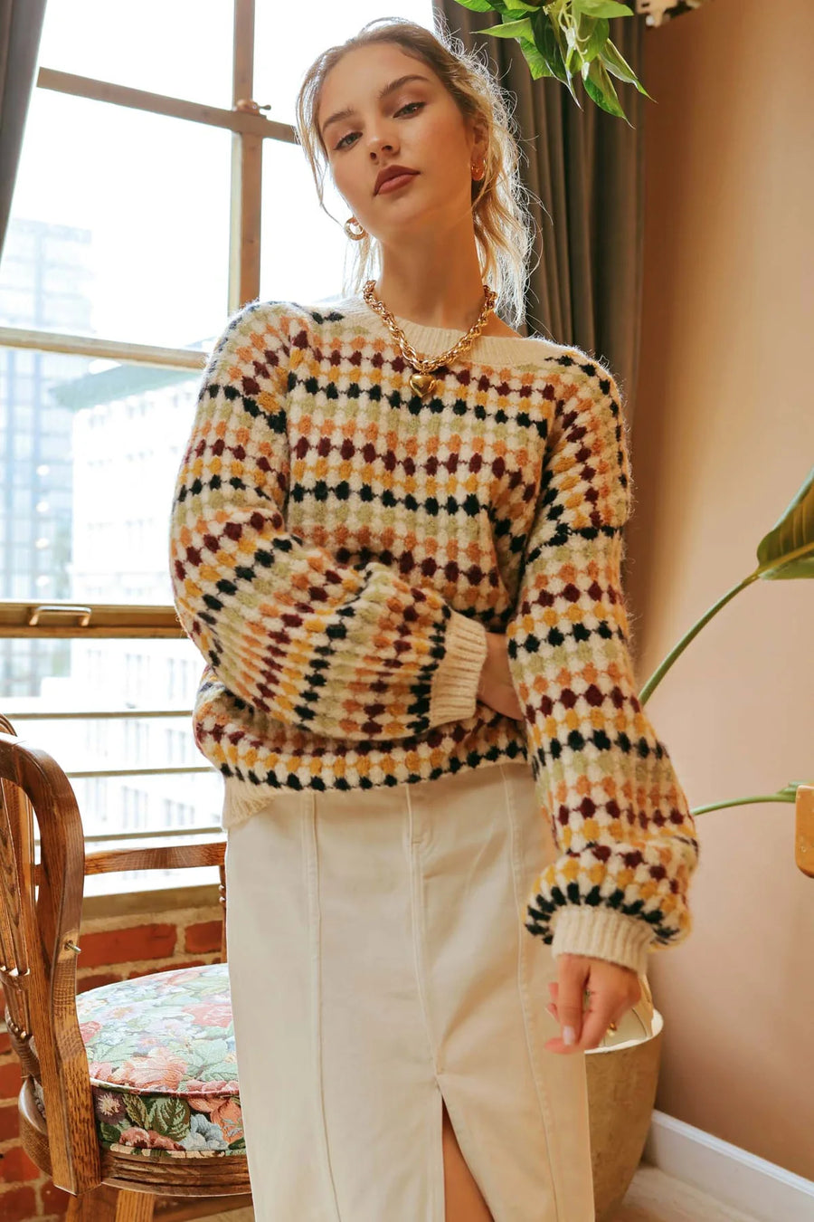 Chloe Multicolour Crew Knit Sweater | Cream