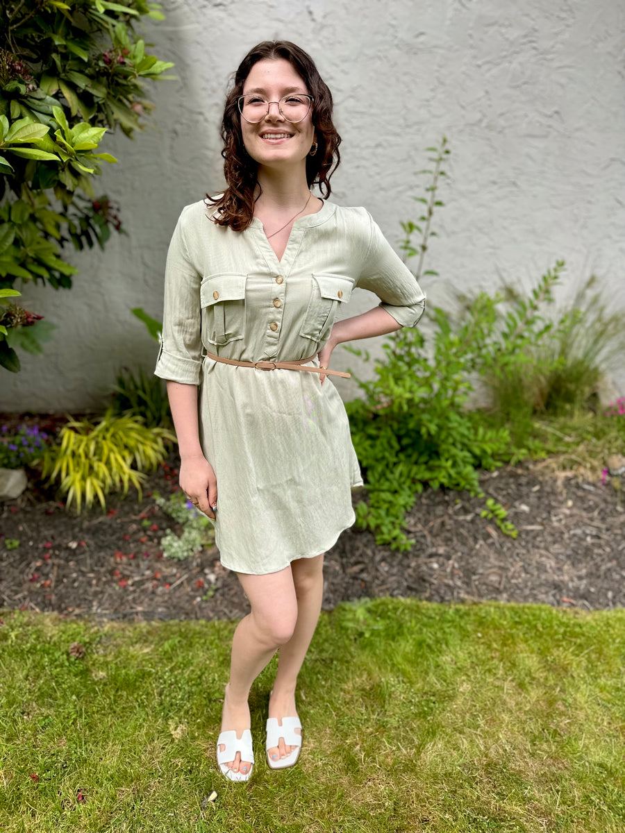 Lindsay | 3/4 Sleeve Belted Mini Dress | Light Olive