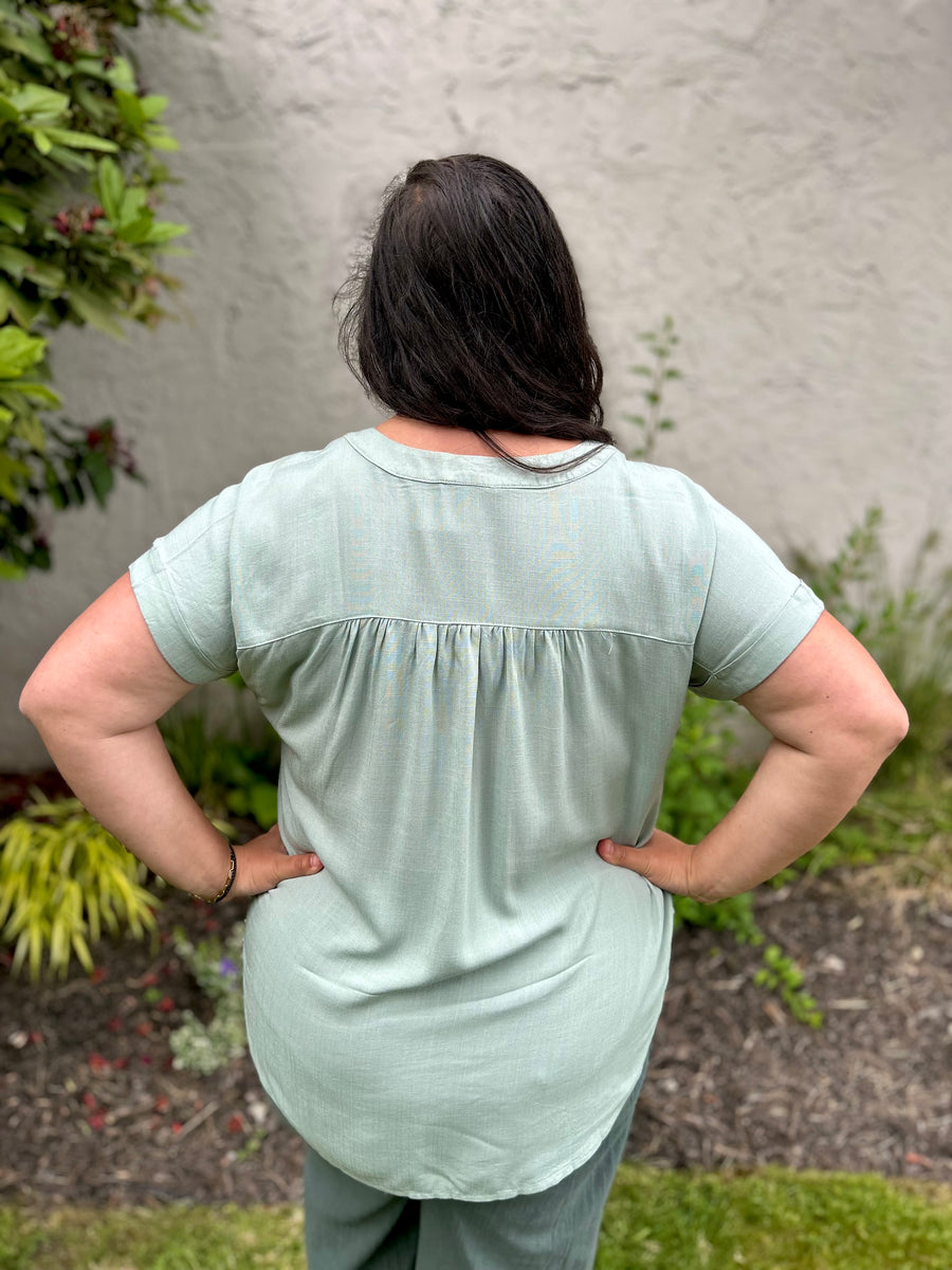 Amy Rolled Sleeve Woven Top | Sage