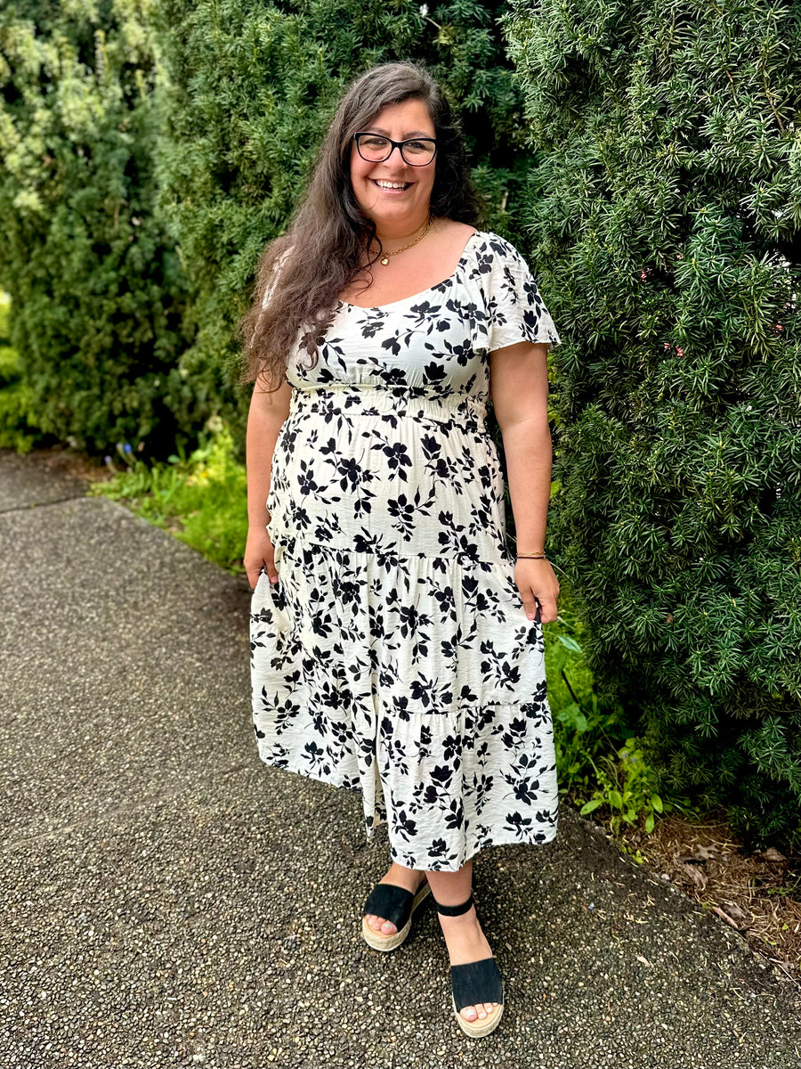 Fiore Bella | Floral Short Sleeve Midi Dress | Cream