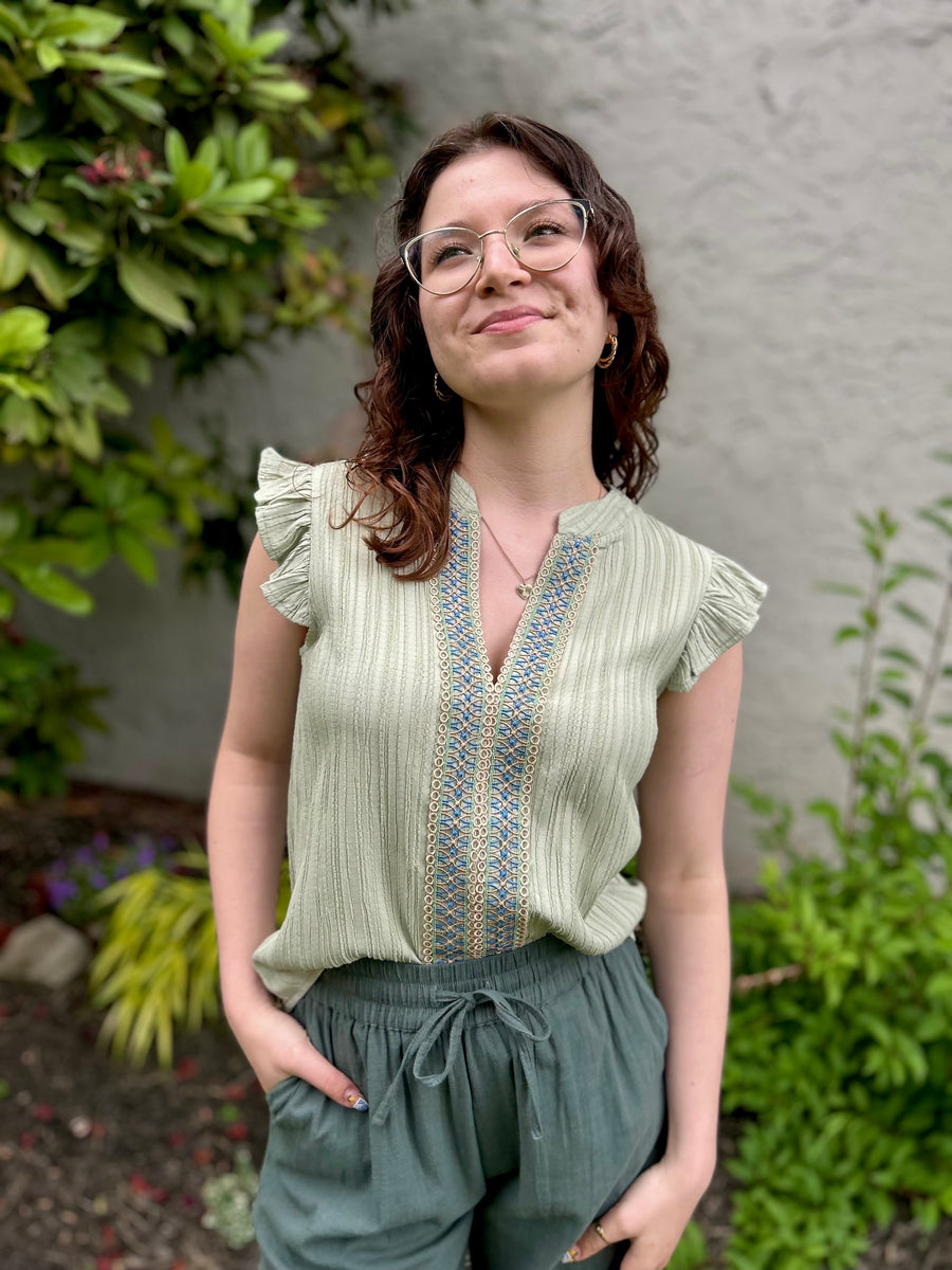 Ophelia Lace Trim Crinkle Blouse | Light Olive