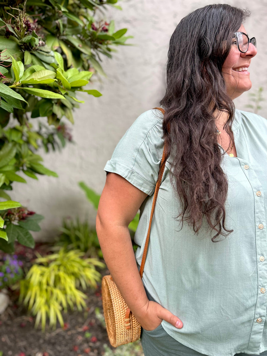 Amy Rolled Sleeve Woven Top | Sage
