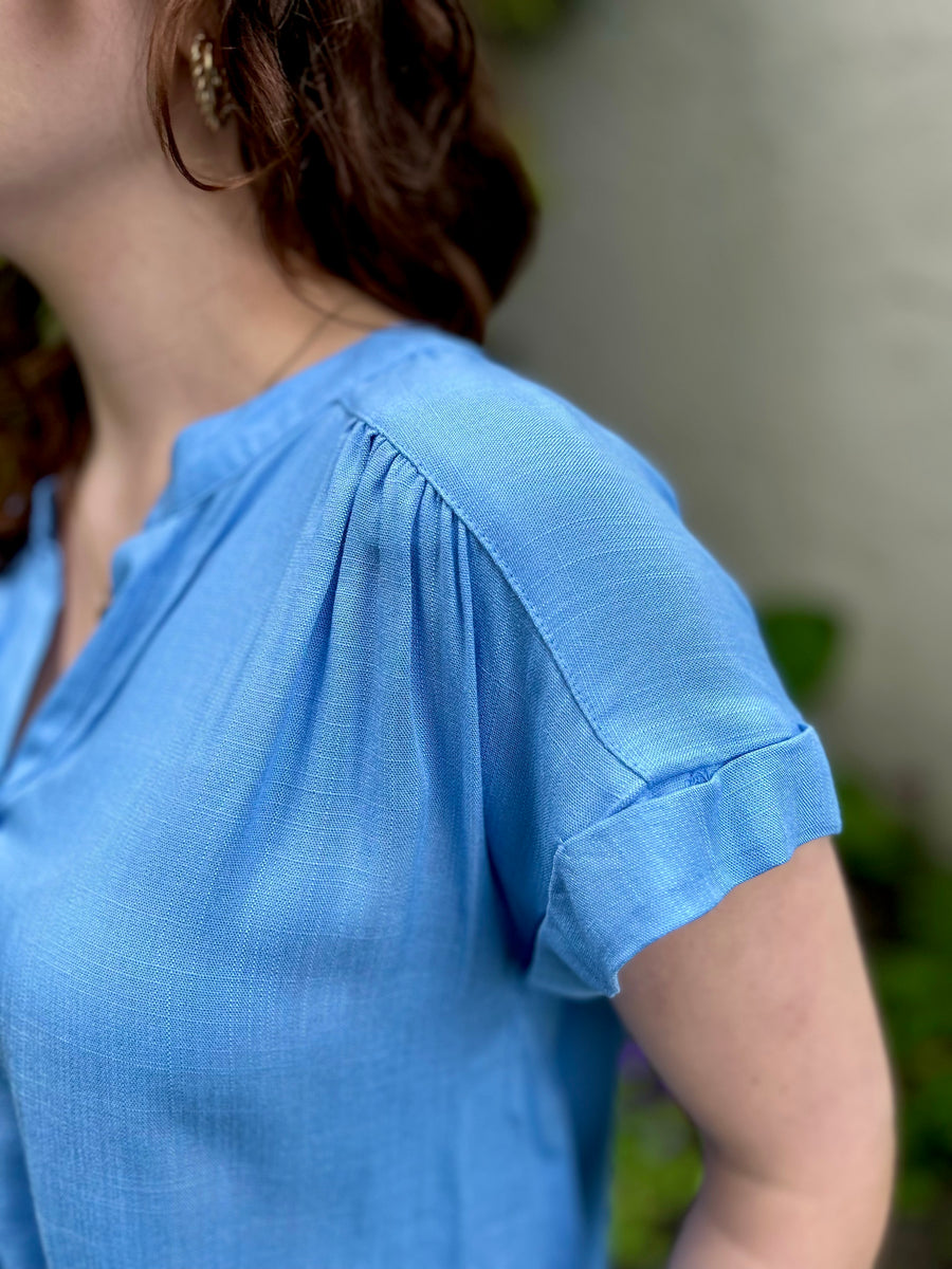 Amy Rolled Sleeve Woven Top | Blue