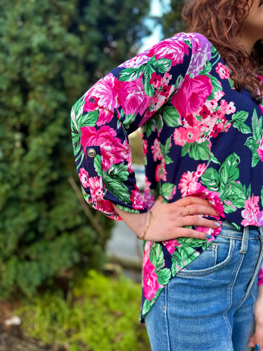 Lizzy | 3/4 Sleeve Top | Navy Floral