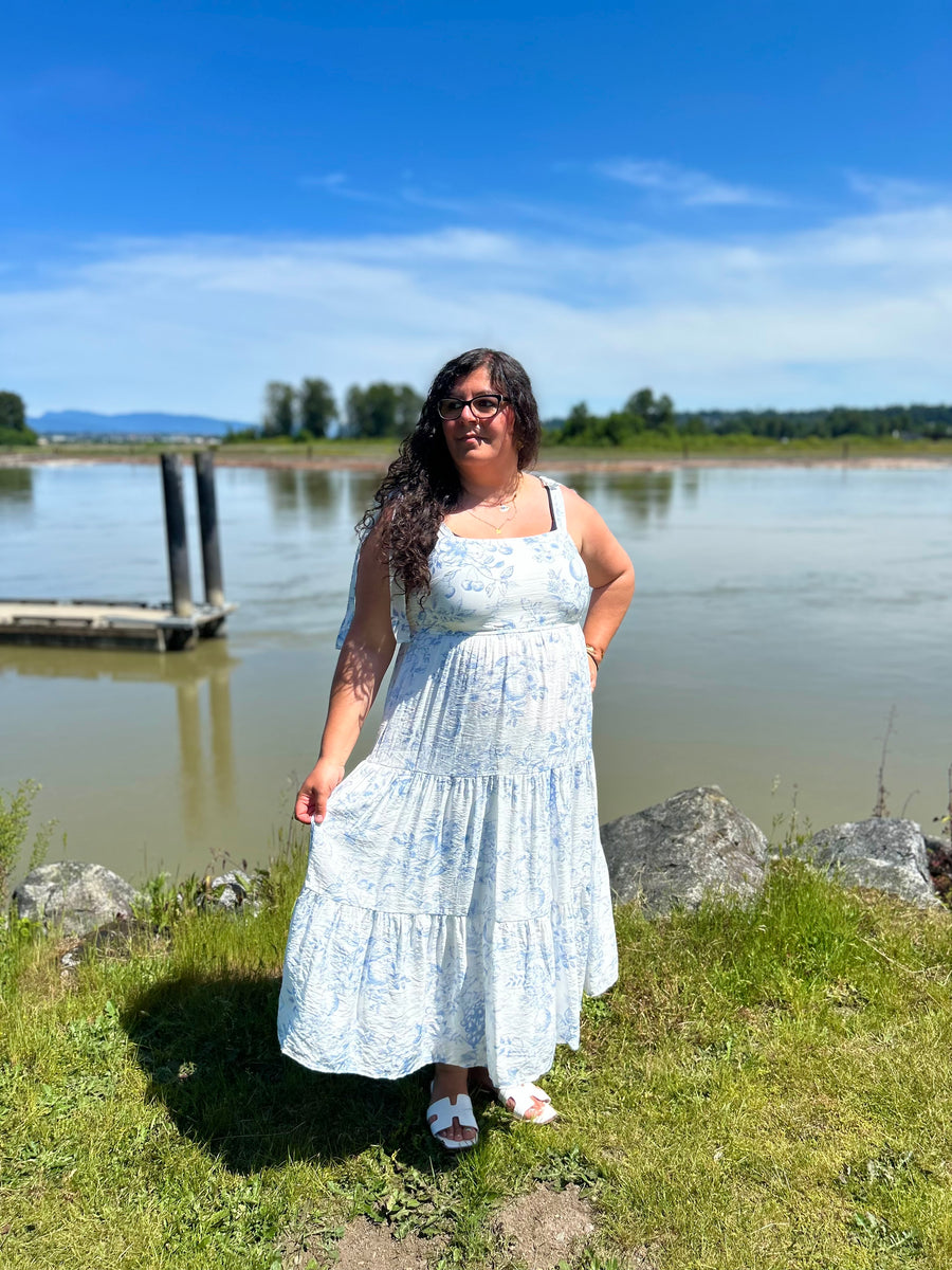 Daphne | Fruit Blossom Tiered Midi Dress | Blue