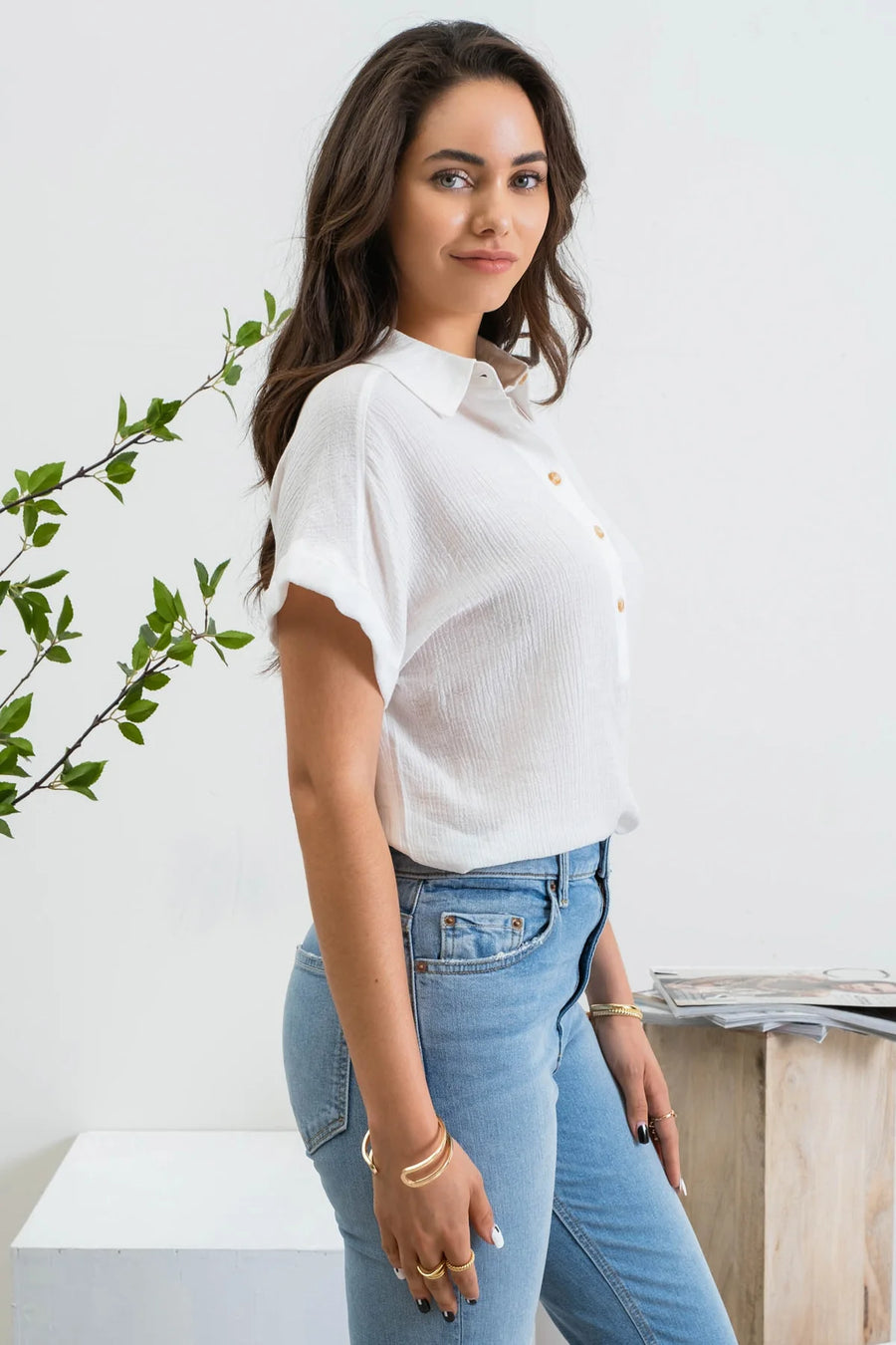 Claire Mid Button Down Woven Top | Off White