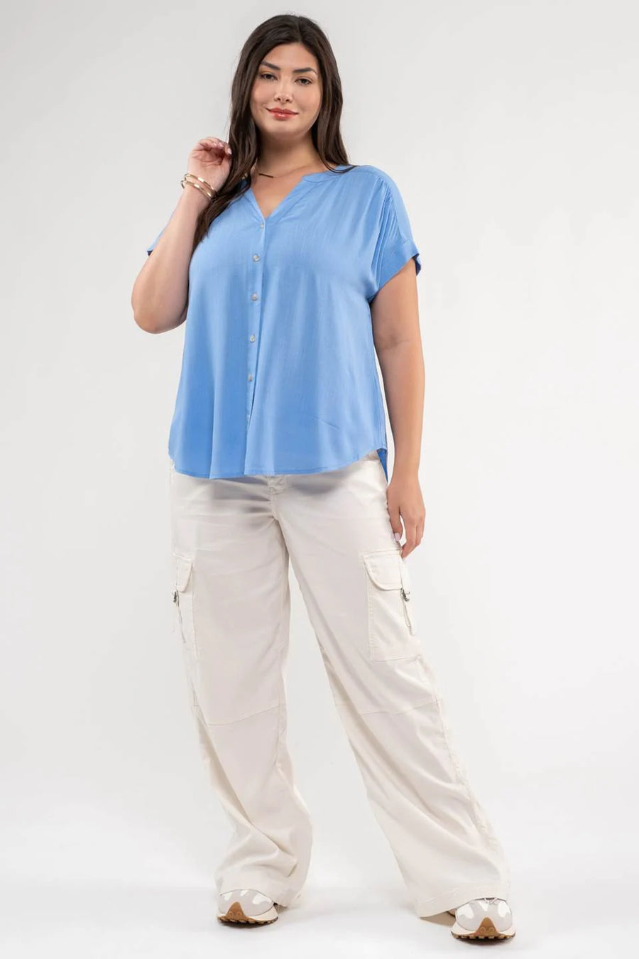Amy Rolled Sleeve Woven Top | Blue