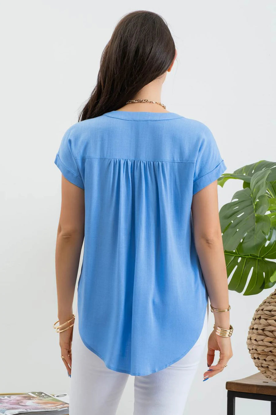 Amy Rolled Sleeve Woven Top | Blue